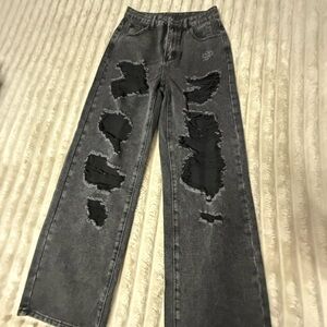 SHEIN Gray Flare Wide Leg Distressed Jeans